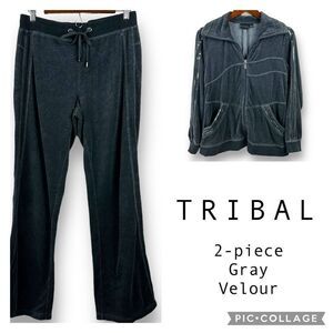 Tribal Womens Size M Lounge Set Gray Velour Pants and Zip Sweatshirt Sequin Trim